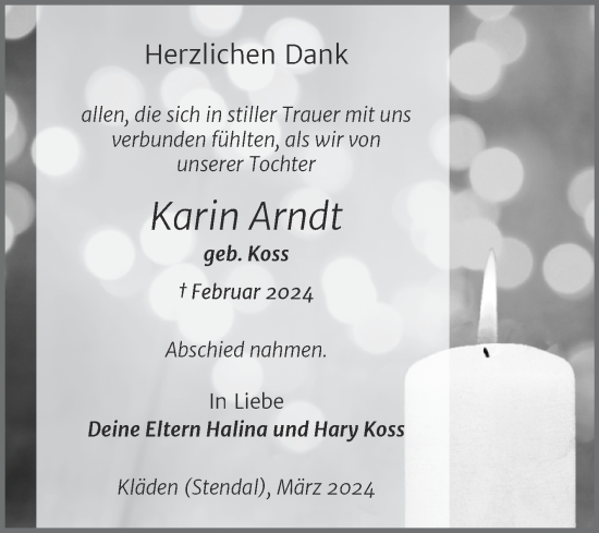 Traueranzeige von Karin Arndt von Volksstimme Altmark Ost
