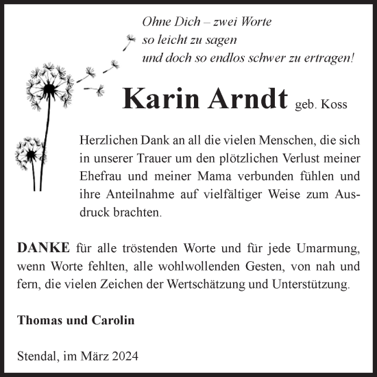 Traueranzeige von Karin Arndt von Volksstimme Altmark Ost