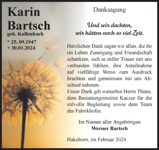 Traueranzeige von Karin Bartsch von Volksstimme Staßfurt