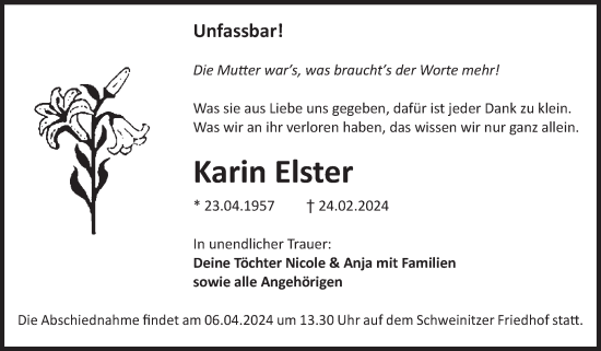 Traueranzeige von Karin Elster von Volksstimme Zerbst