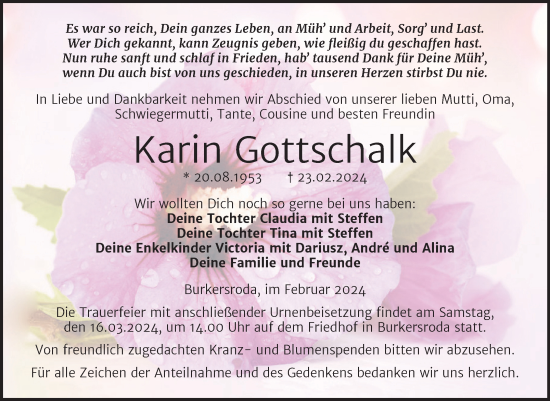 Traueranzeige von Karin Gottschalk von Naumburger Tageblatt