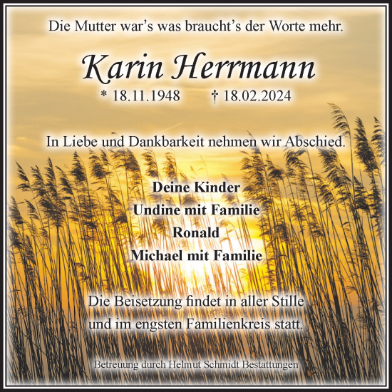 Traueranzeige von Karin Herrmann von Volksstimme Schönebeck