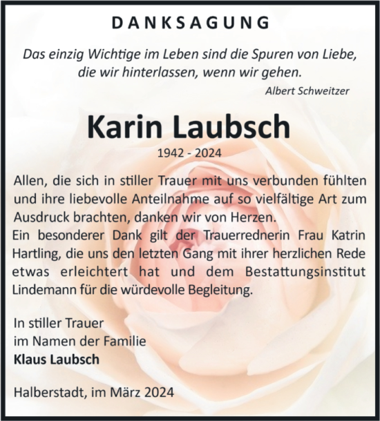 Traueranzeige von Karin Laubsch von Volksstimme Halberstadt