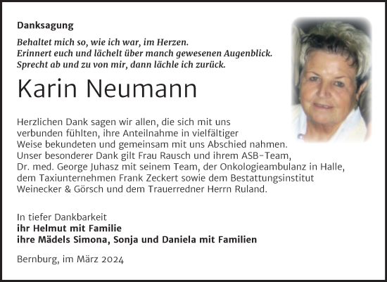 Traueranzeige von Karin Neumann von Trauerkombi Bernburg