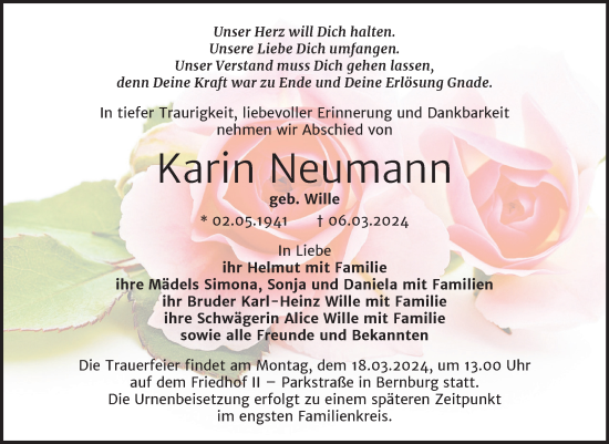 Traueranzeige von Karin Neumann von Trauerkombi Bernburg