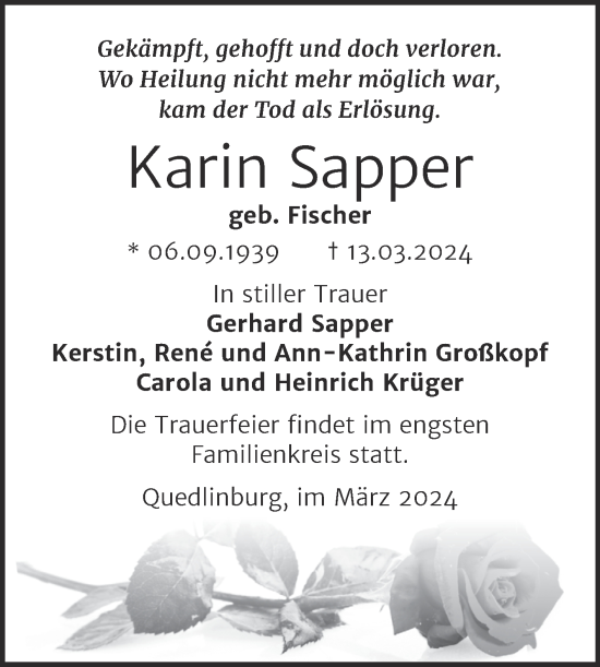 Traueranzeige von Karin Sapper von Trauerkombi Quedlinburg