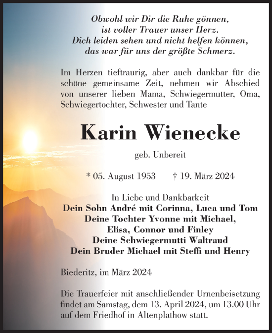 Traueranzeige von Karin Wienecke von Volksstimme Burg/Genthin