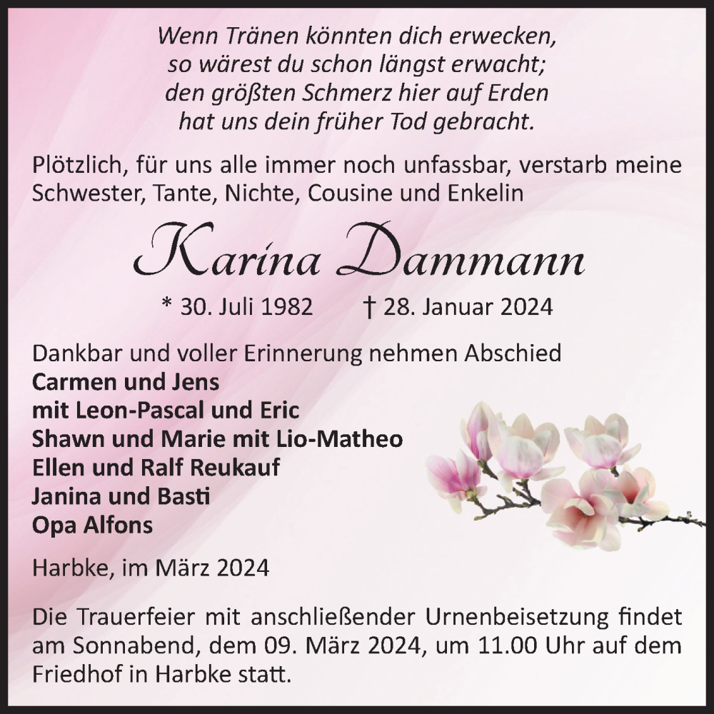  Traueranzeige für Karina Dammann vom 02.03.2024 aus Volksstimme Oschersleben/Wanzleben