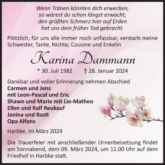 Traueranzeige von Karina Dammann von Volksstimme Oschersleben/Wanzleben