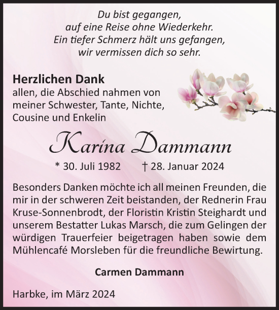 Traueranzeige von Karina Dammann von Volksstimme Oschersleben/Wanzleben