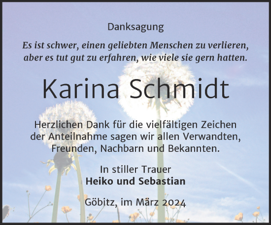 Traueranzeige von Karina Schmidt von Trauerkombi Zeitz