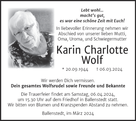 Traueranzeige von Karin Charlotte Wolf von Super Sonntag Quedlingburg
