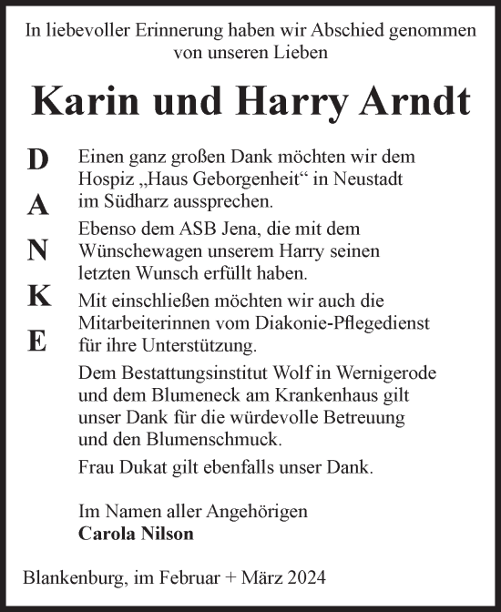 Traueranzeige von Karin und Harry Arndt von Volksstimme Wernigerode