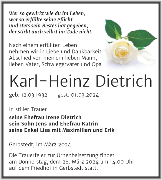 Traueranzeige von Karl-Heinz Dietrich von Trauerkombi Mansfelder Land