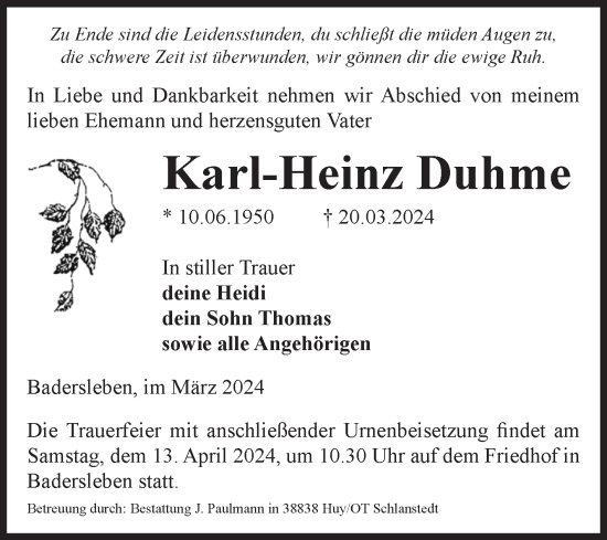 Traueranzeige von Karl-Heinz Duhme von Volksstimme Halberstadt