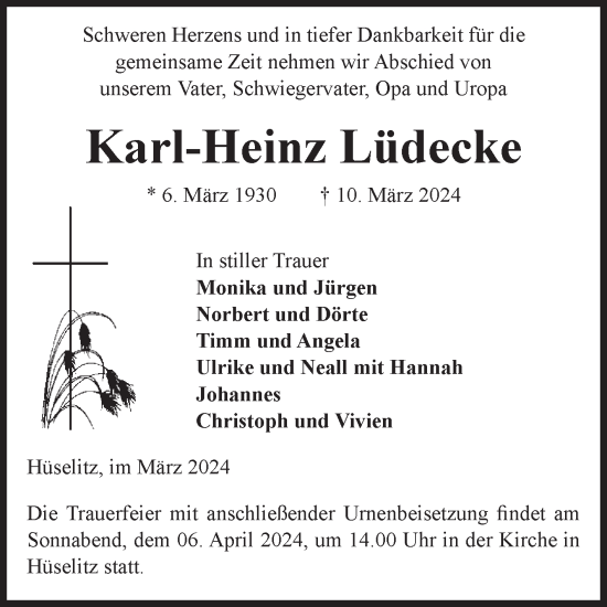 Traueranzeige von Karl-Heinz Lüdecke von Volksstimme Altmark Ost
