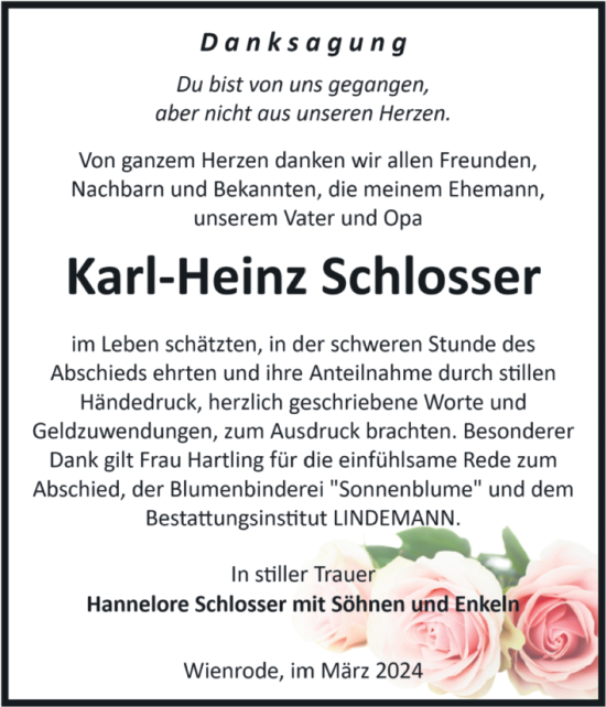 Traueranzeige von Karl-Heinz Schlosser von Volksstimme Wernigerode