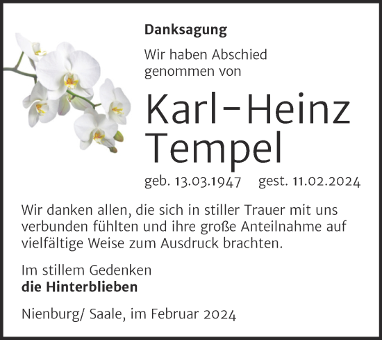 Traueranzeige von Karl-Heinz Tempel von Trauerkombi Bernburg