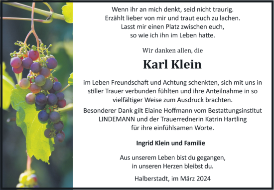 Traueranzeige von Karl Klein von Volksstimme Halberstadt
