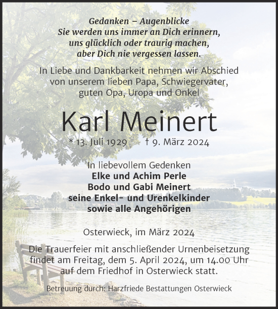 Traueranzeige von Karl Meinert von Volksstimme Halberstadt