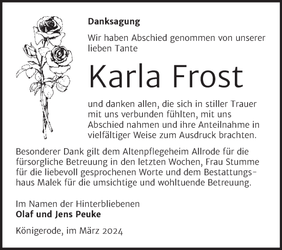 Traueranzeige von Karla Frost von Trauerkombi Quedlinburg
