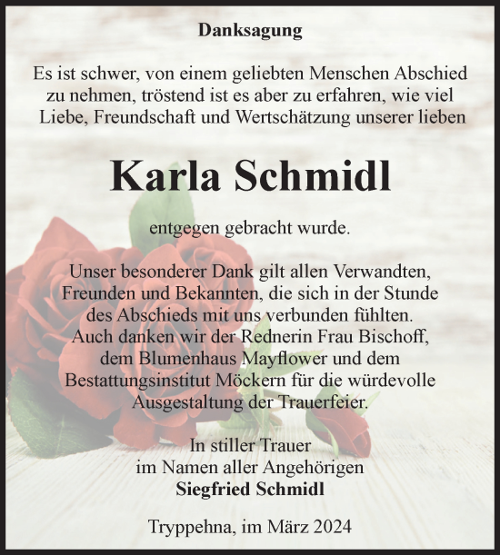 Traueranzeige von Karla Schmidl von Volksstimme Burg/Genthin