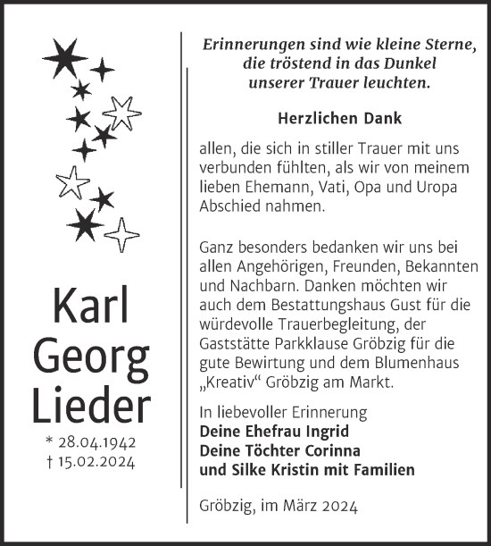 Traueranzeige von Karl Georg Lieder von Trauerkombi Köthen