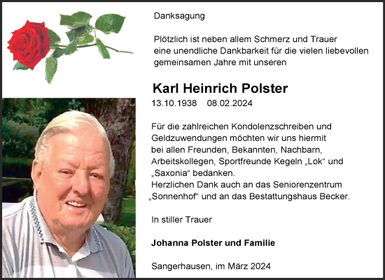 Traueranzeige von Karl Heinrich Polster von Trauerkombi Sangerhausen