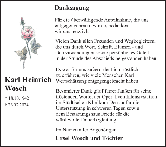 Traueranzeige von Karl Heinrich Wosch von Trauerkombi Dessau