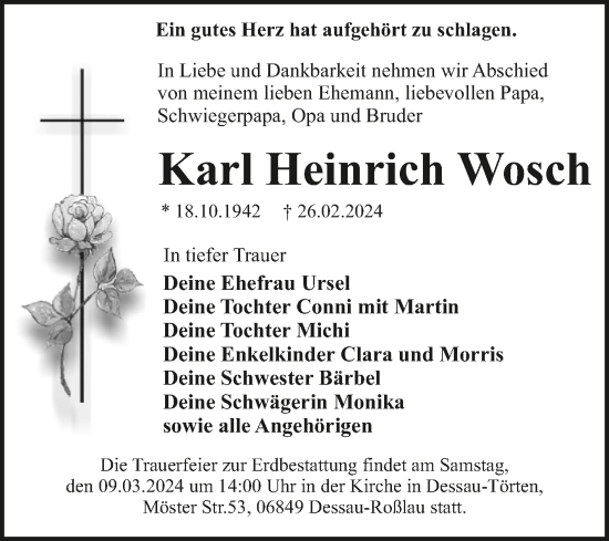Traueranzeige von Karl Heinrich Wosch von Mitteldeutsche Zeitung Dessau-Roßlau
