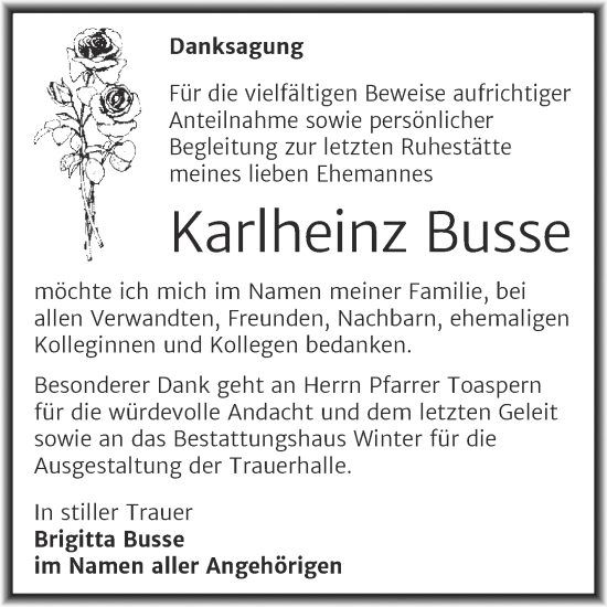 Traueranzeige von Karlheinz Busse von Trauerkombi Bitterfeld