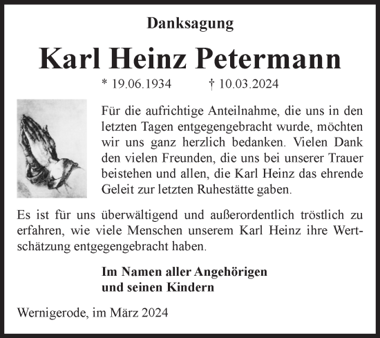 Traueranzeige von Karl Heinz Petermann von Volksstimme Wernigerode