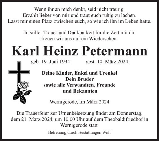 Traueranzeige von Karl Heinz Petermann von Volksstimme Wernigerode