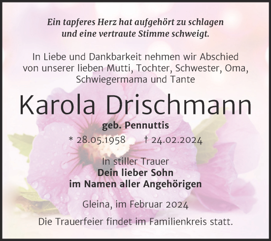 Traueranzeige von Karola Drischmann von Trauerkombi Zeitz