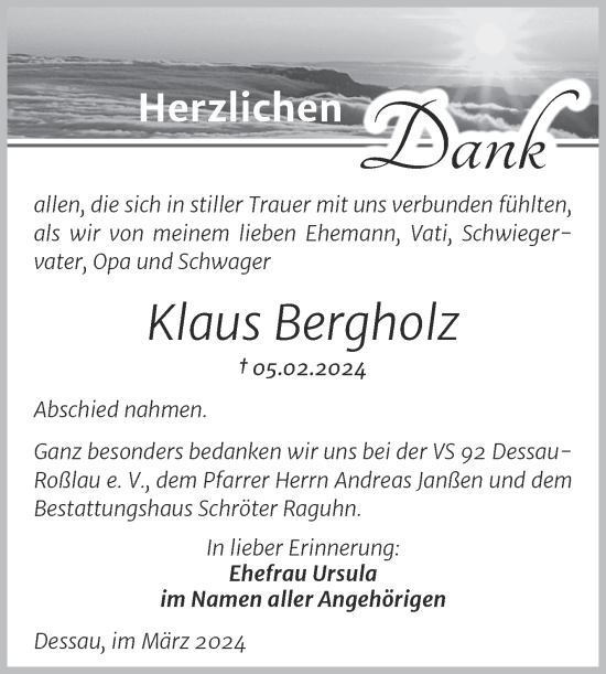 Traueranzeige von Klaus Bergholz von Trauerkombi Dessau