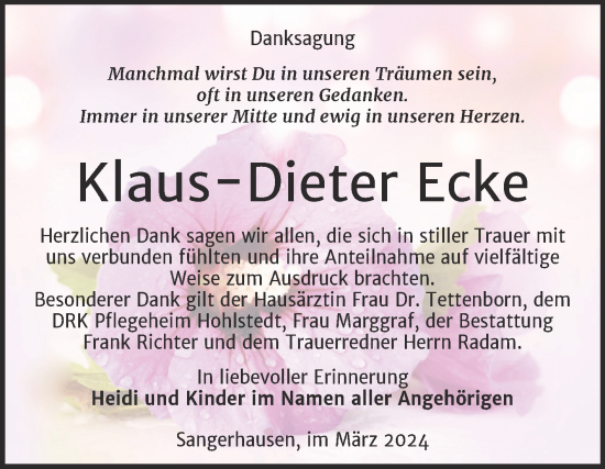 Traueranzeige von Klaus-Dieter Ecke von Trauerkombi Sangerhausen