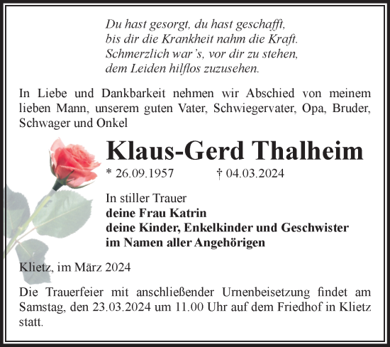 Traueranzeige von Klaus-Gerd Thalheim von Volksstimme Altmark Ost