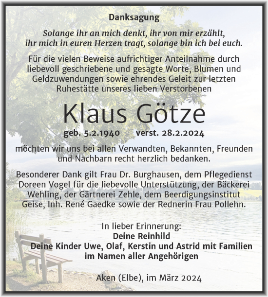 Traueranzeige von Klaus Götze von Trauerkombi Köthen