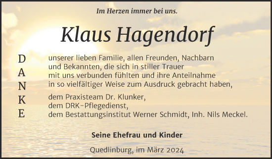 Traueranzeige von Klaus Hagendorf von Trauerkombi Quedlinburg