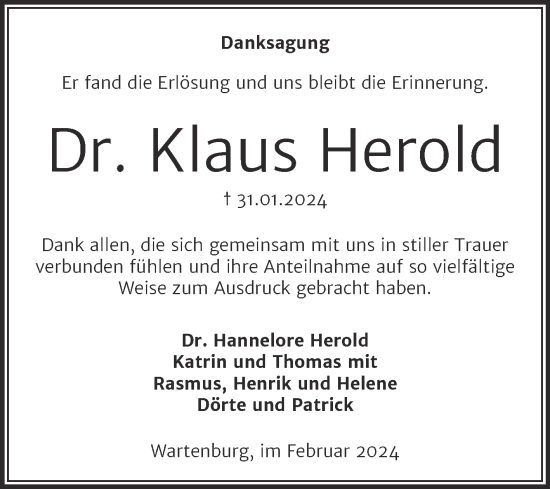 Traueranzeige von Klaus Herold von Trauerkombi Wittenberg