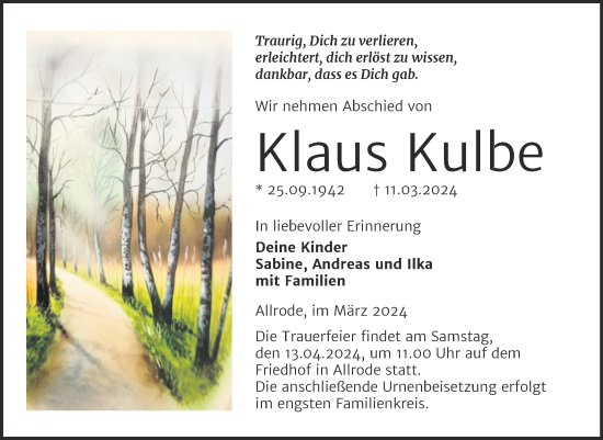 Traueranzeige von Klaus Kulbe von Trauerkombi Quedlinburg