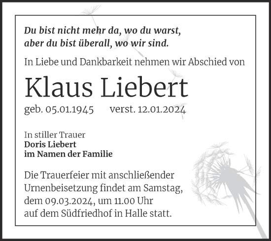 Traueranzeige von Klaus Liebert von Mitteldeutsche Zeitung Halle/Saalkreis