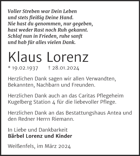 Traueranzeige von Klaus Lorenz von Trauerkombi Weißenfels