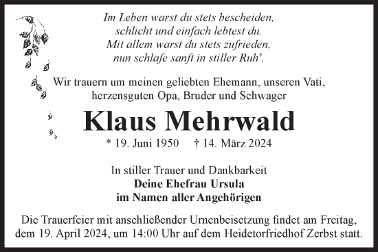 Traueranzeige von Klaus Mehrwald von Volksstimme Zerbst