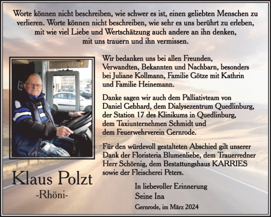 Traueranzeige von Klaus Polzt von Trauerkombi Quedlinburg