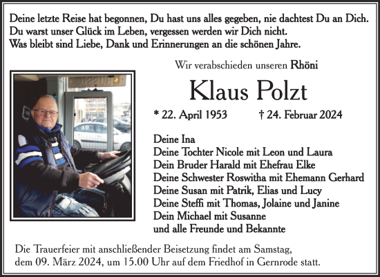 Traueranzeige von Klaus Polzt von Trauerkombi Quedlinburg