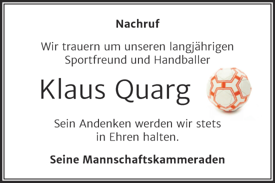 Traueranzeige von Klaus Quarg von Trauerkombi Weißenfels