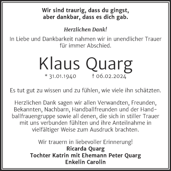 Traueranzeige von Klaus Quarg von Trauerkombi Weißenfels