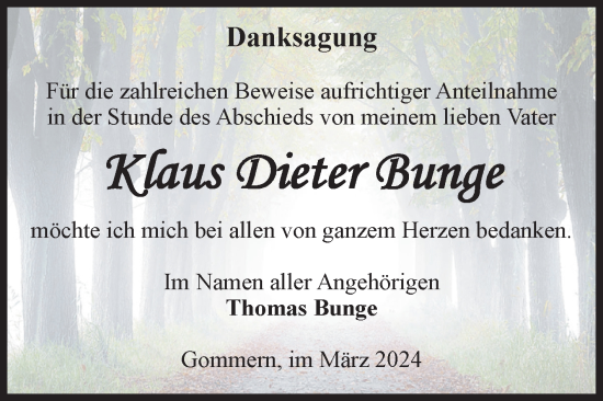 Traueranzeige von Klaus Dieter Bunge von Volksstimme Burg/Genthin