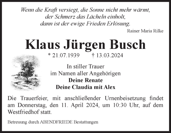 Traueranzeige von Klaus Jürgen Busch von Volksstimme Magdeburg